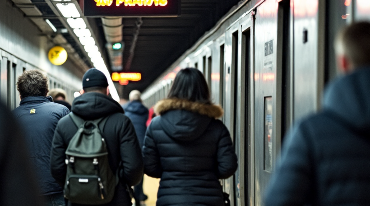 MBTA-style urban transit platform, commute cost planning context, not a landmark postcard.