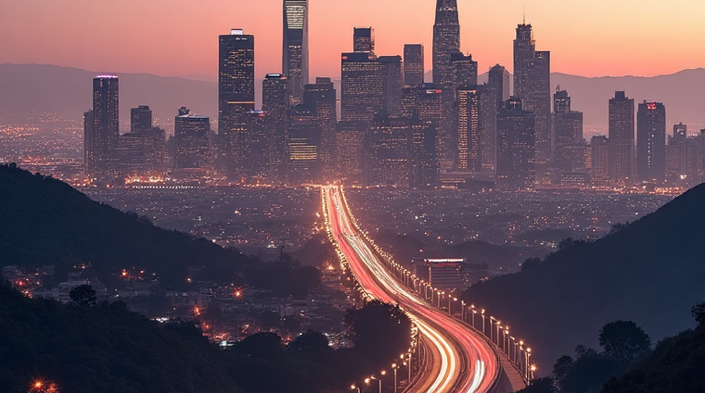 Downtown Los Angeles skyline across the urban basin at dusk.