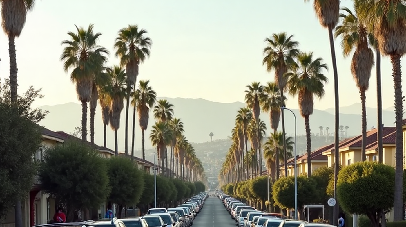 Residential street with low-rise apartments and parked cars in Los Angeles, everyday housing context for cost-of-living planning.
