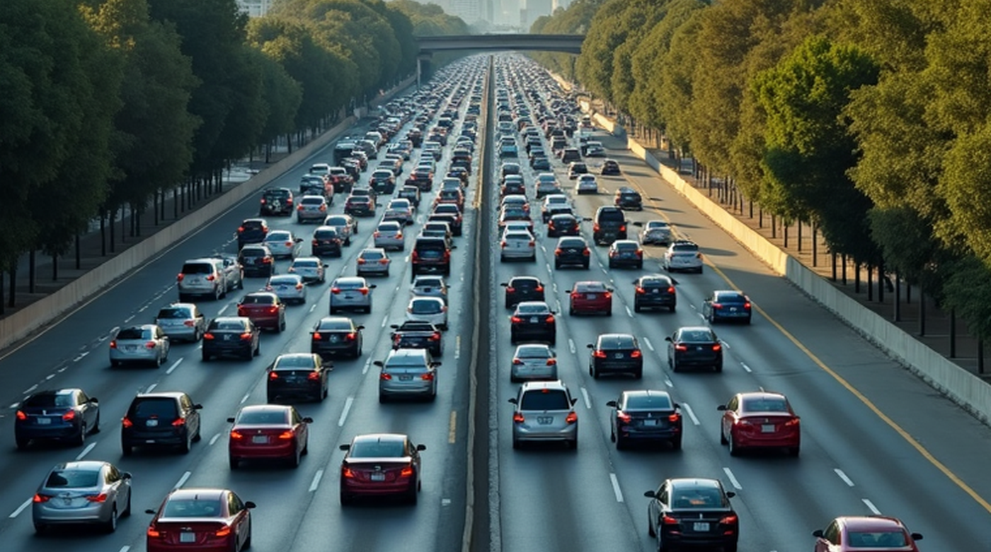 Multi-lane freeway with traffic in Los Angeles, commute cost planning context, not a landmark postcard.