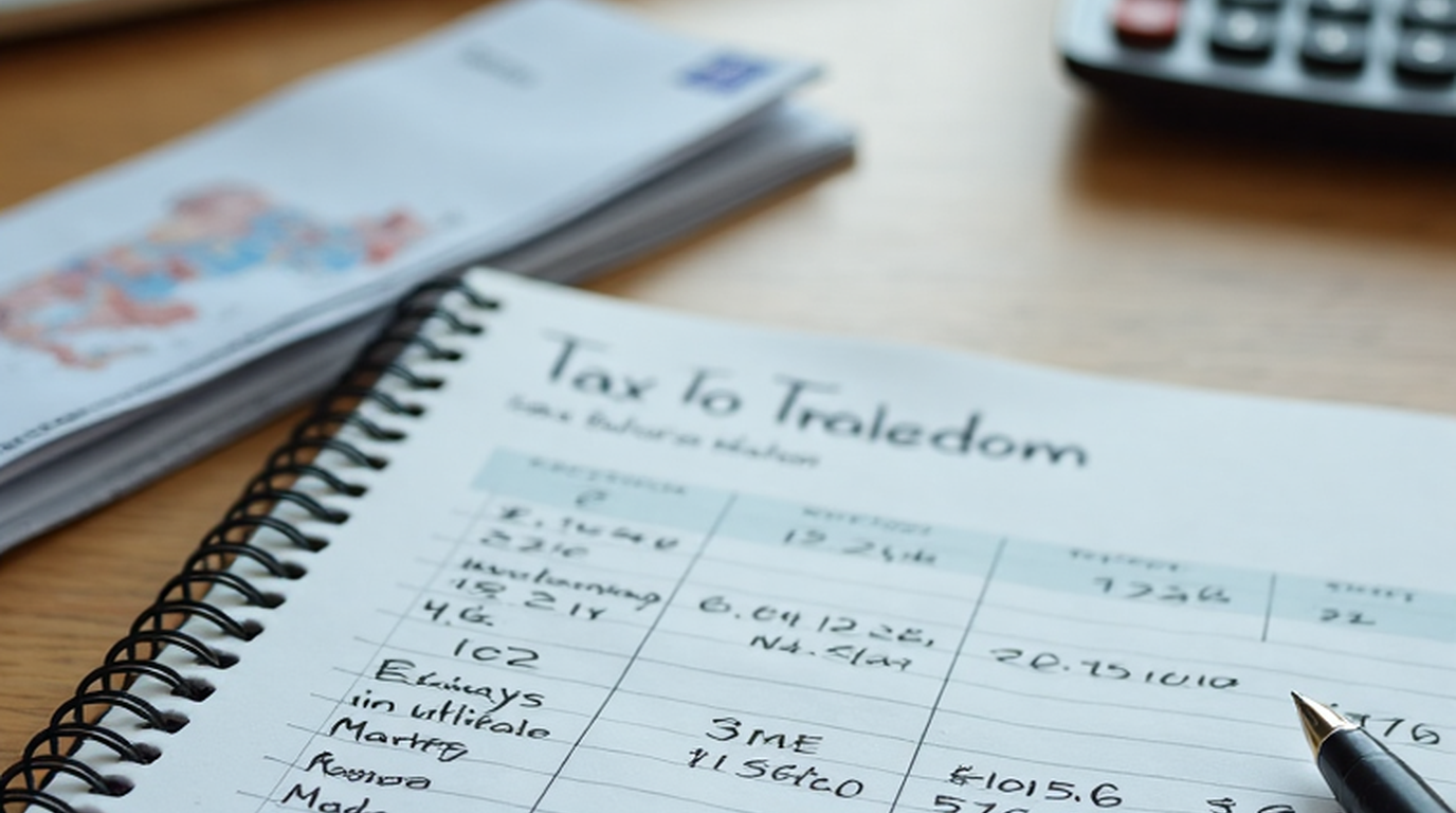 A budget notebook, calculator, household bills, and laptop arranged on a desk in a clean editorial style.