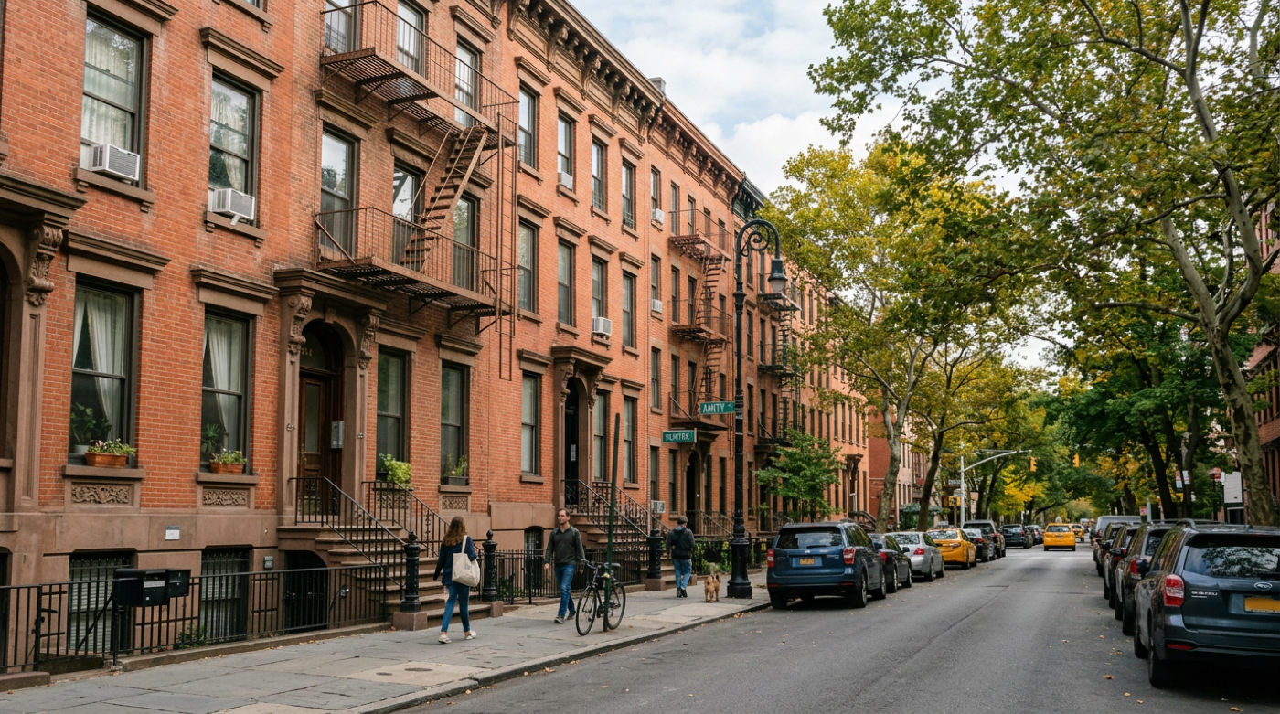 Urban residential buildings representing New York apartment living and housing cost context.