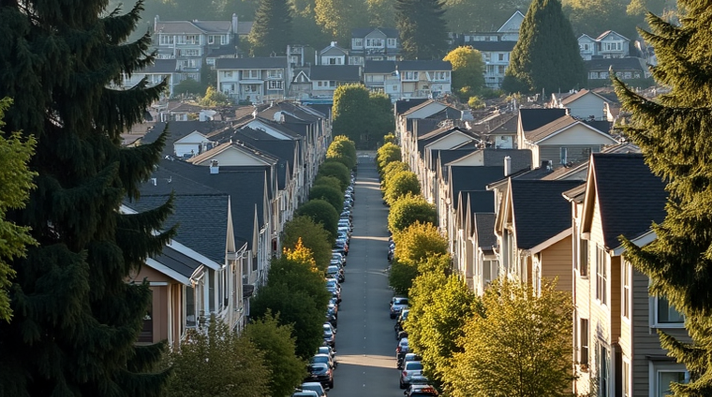 Residential street with townhouses and low-rise apartments on a Seattle hill, everyday housing context for cost-of-living planning.