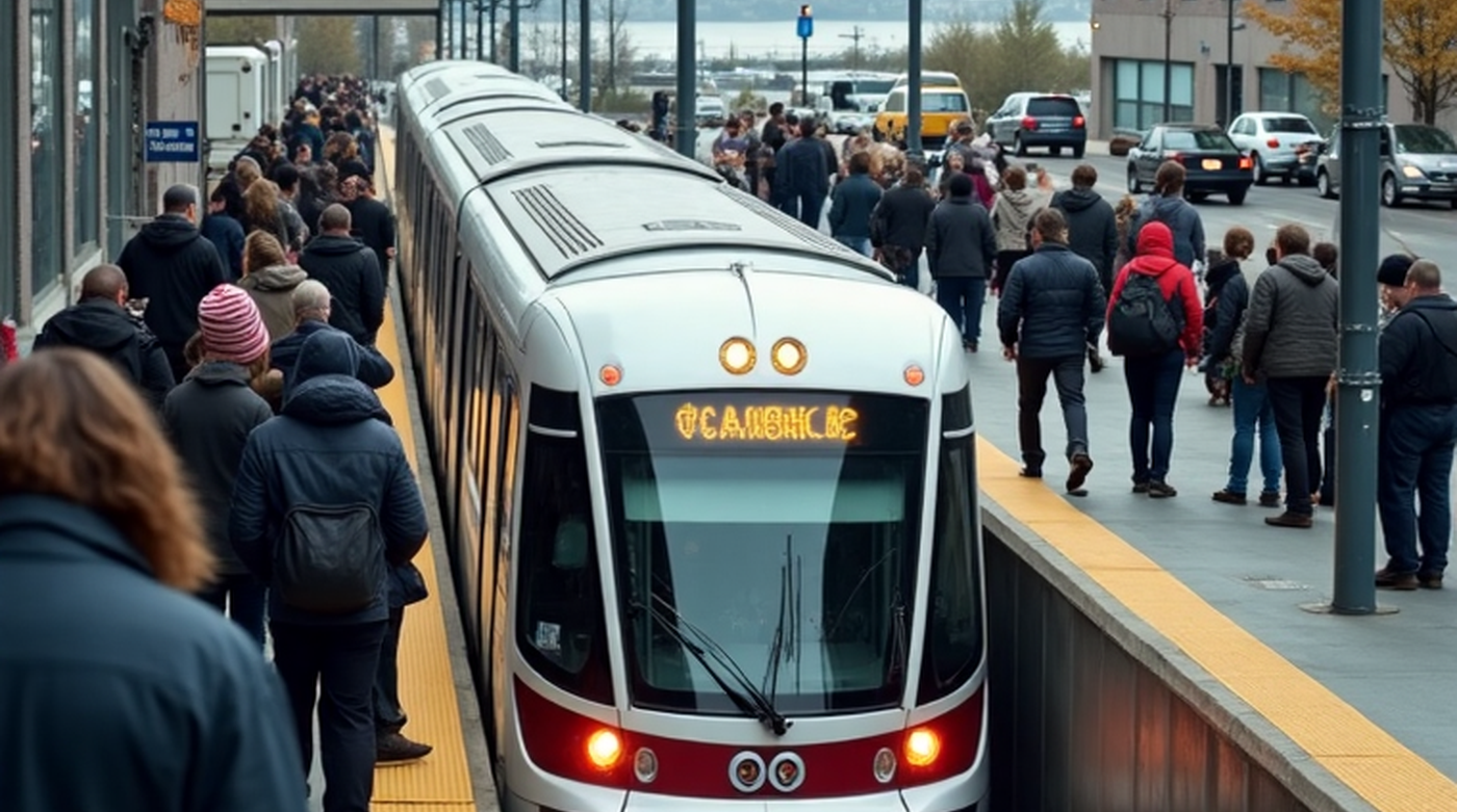Urban light rail platform with commuters. Seattle-area transit planning context, not a landmark postcard.