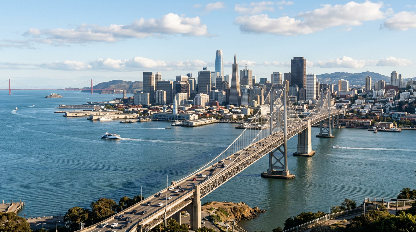 San Francisco skyline and Bay Bridge in natural daylight.