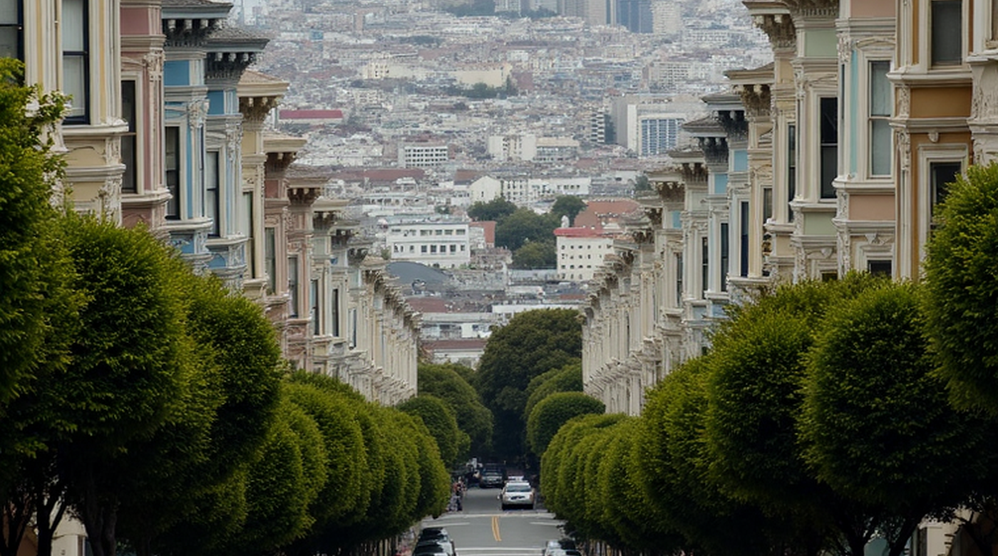 Victorian row houses on a sloped residential street in San Francisco, neighborhood housing context rather than a landmark view.