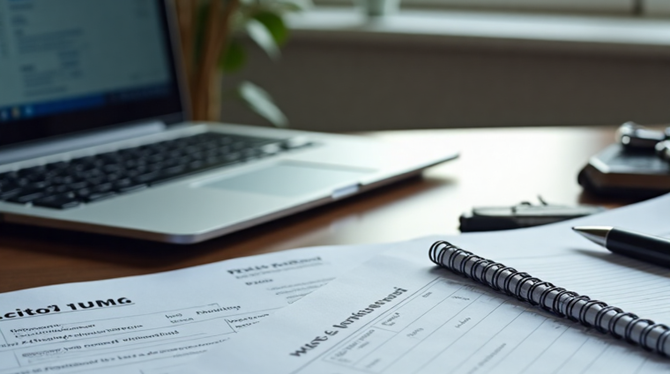 A laptop, calculator, and tax documents arranged on a desk for an editorial guide about state taxes and take home pay.